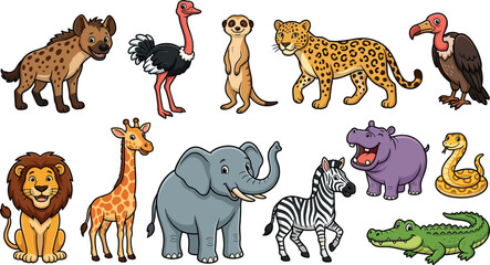 Cute cartoon African safari animals collection vector sticker sheet bundle featuring lion elephant giraffe zebra cheetah hyena and hippopotamus isolated on white © MstBizly