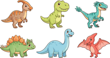 Cute cartoon baby dinosaurs collection vector illustration set featuring tyrannosaurus rex triceratops pterodactyl and brontosaurus isolated on white background © MstBizly