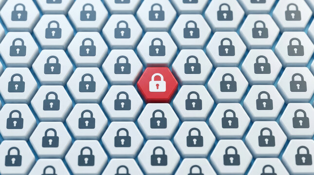 A grid of hexagonal shapes with lock icons, highlighting one red lock in the center surrounded by blue locks