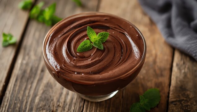 Chocolate mint mousse on a rustic table, focused view.