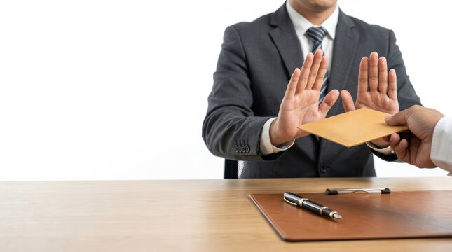 A businessman in a suit refuses a bribe, holding up his hands in a gesture of rejection. The envelope containing money is extended towards him, highlighting the theme of integrity and honesty