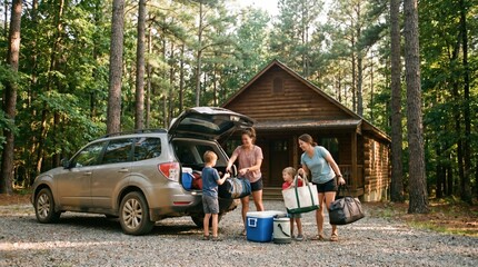 Fototapeta premium Family unloads bags from an SUV by a wooden cabin in the forest. They are starting an affordable nature getaway together. Ideal for family travel and outdoor lifestyle content.