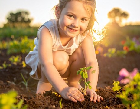 A delightful young girl is tenderly planting seedlings in her family's garden, surrounded by the warm glow of the setting sun, a moment of pure joy.