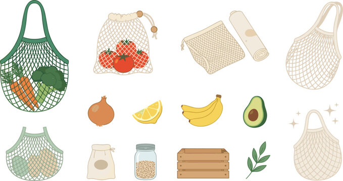 Eco Friendly Reusable Mesh Shopping Bags Vector Set with Fresh Groceries Produce Icons and Zero Waste Kitchen Elements