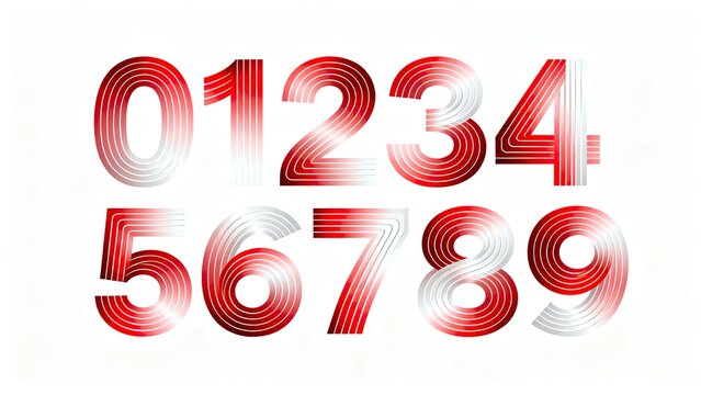 Red white gradient line numerals 0 to 9, modern streamline font, minimalist tech line digit design elements isolated on white background