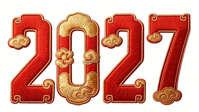 2027 Chinese New Year embroidery font, red golden Chinese cloud floral stitched numerals, traditional oriental pattern 3D embroidered text isolated on white