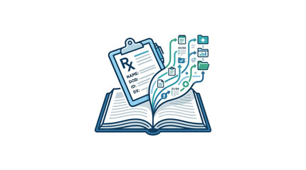 Prescription pad rising from open book with medical icons. © kosong