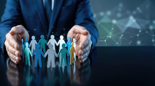 A person in a suit is protecting a group of colorful paper figures with their hands