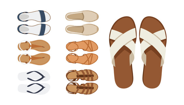 Women summer shoes and sandals collection set featuring slides espadrilles flip flops and strappy footwear flat vector illustration
