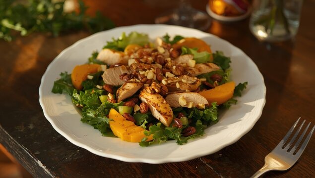 A colorful salad with mango, grilled chicken, nuts, and greens presented on a white plate, perfect for lunch or a light snack.