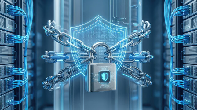 Cyber security concept with digital shield, padlock, and chain in front of server racks