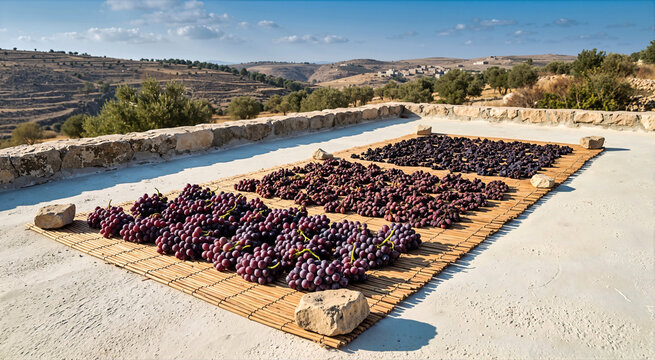 Red grapes drying on a traditional reed mat on a plastered flat roof. Ancient biblical farming scene with terraced hills, olive trees and blue sky in the background of a historical vineyard