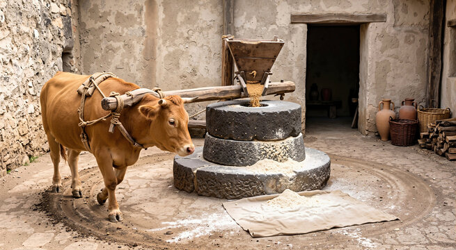 Tawny ox turning a basalt stone grain mill with a wooden beam in an ancient courtyard. Historical scene of traditional flour milling with clay amphorae, woven baskets and rustic stone walls