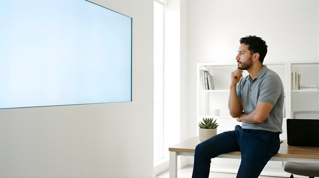Thoughtful man sitting on office desk looking at a blank projection screen