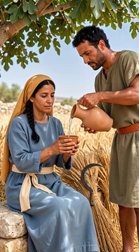 Ancient Judean harvest workers pouring water from a clay jug into a terracotta cup under a fig tree. Biblical farming scene with man and woman in historical attire resting in a golden wheat field