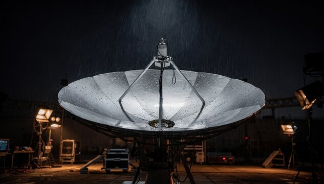 Medium shot of a parabolic microwave dish gleaming under light rain with blurred studio equipment softly glowing in the distant background against a dark night sky.