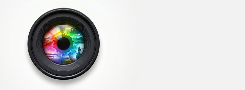Camera lens with rainbow colored human eye pupil reflecting landscape. Artistic concept representing vision, perspective and World Photo Day. Banner with copy space