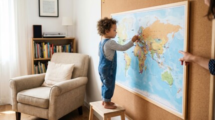Fototapeta premium A young boy stands on a stool to mark locations on a large world map. It represents early curiosity, family travel planning, and global education. Ideal for travel and education content.