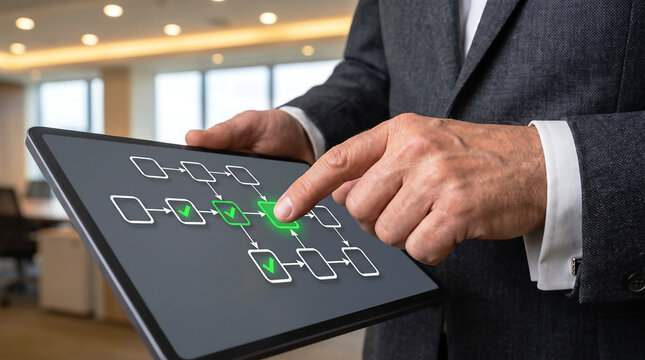 Businessman using tablet for workflow management. Digital process automation on touchscreen.