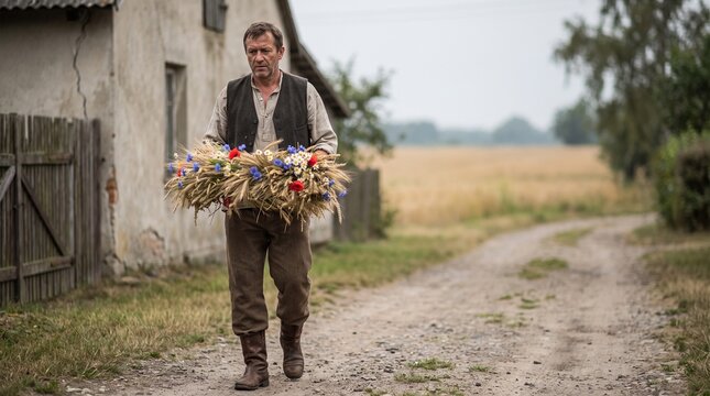 Farmer brings a harvest wreath along a Polish village lane