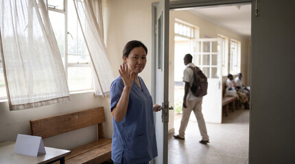 Fototapeta premium Healthcare worker guides a visitor from heatwave clinic care