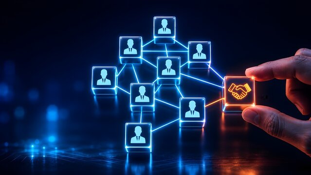 Hand connecting glowing business handshake icon to digital network of profile cubes. Concept of corporate networking and online partnership building for human resources.