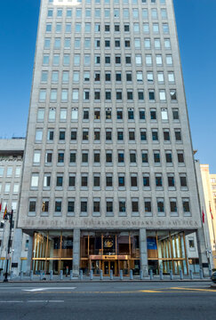 Newark, NJ - US - Jul 26, 2026 The Prudential Insurance Company of America building features a grand, symmetric stone facade with rows of glass windows and a prominent street-level entrance.