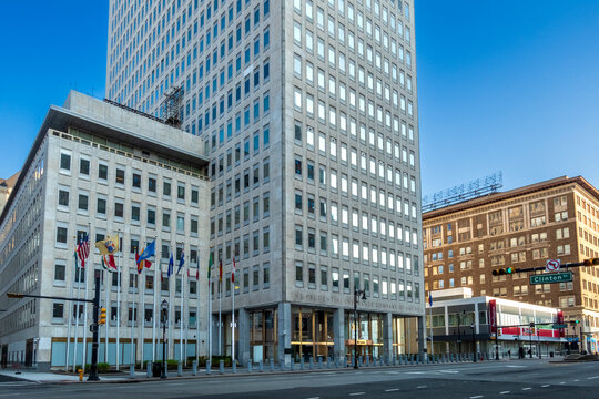 Newark, NJ - US - Jul 26, 2026 The Prudential Insurance Company of America corporate headquarters building on Broad Street in downtown Newark, New Jersey features a grid of windows and modern flags.
