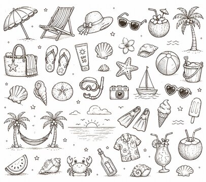 Cute doodle set of summer elements, beach items, palm trees, sun umbrella, tropical drinks, seashells, and vacation icons, hand-drawn outline style vector illustration collection