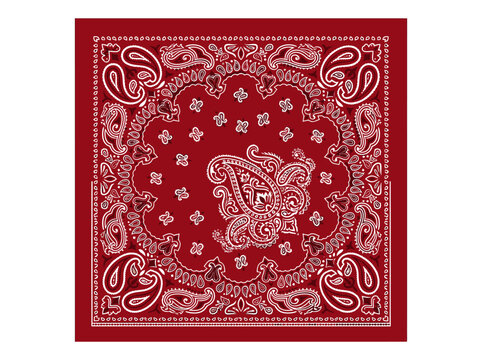 Red square bandana with intricate white paisley pattern and decorative border.