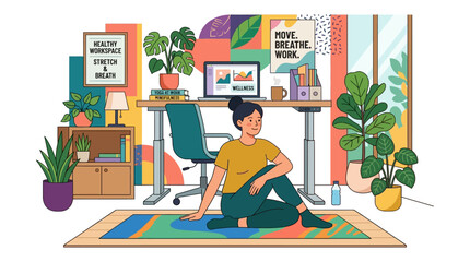 Fototapeta premium Woman practices yoga exercises in a home office to maintain physical health and mental wellness during the workday.