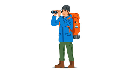 Hiker stands wearing a blue jacket and an orange backpack while looking through black binoculars.