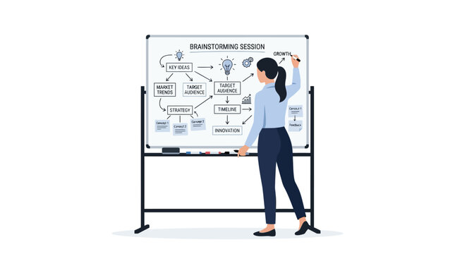Businesswoman drawing a complex flowchart on a large whiteboard to illustrate a new project development plan.