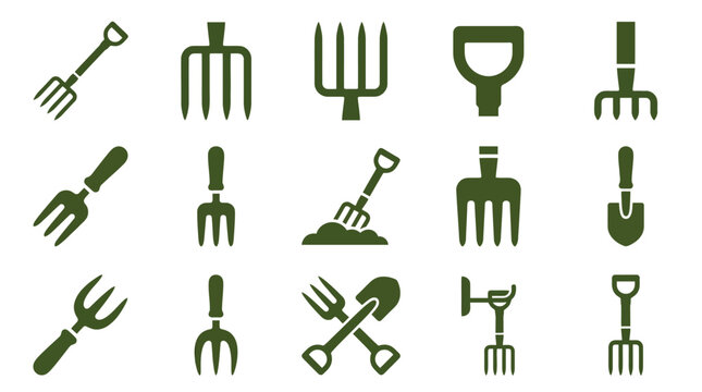 Gardening hand tools and pitchfork equipment icons.
