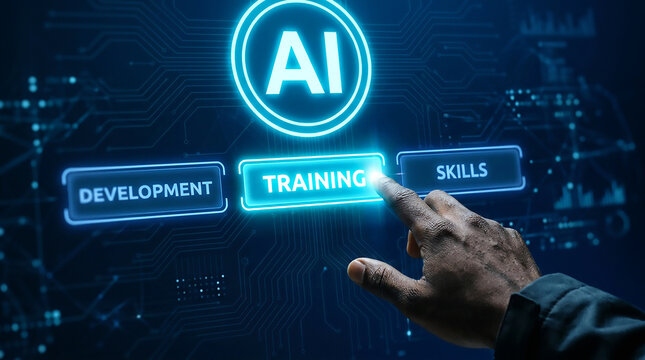Person touching AI training button on digital screen. Machine learning and tech development.