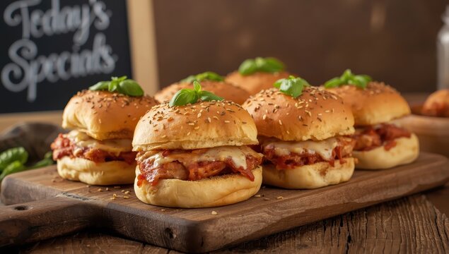 Closeup of Chicken Parmesan Sliders on a wooden board. Vertical.