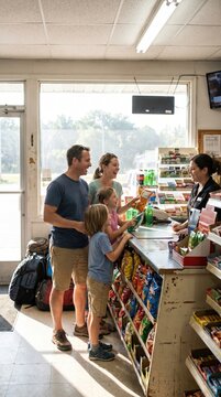 A family of four buys snacks at a small convenience store counter. They are on a road trip, enjoying the simple joys of travel. Perfect for travel blogs or road trip marketing.