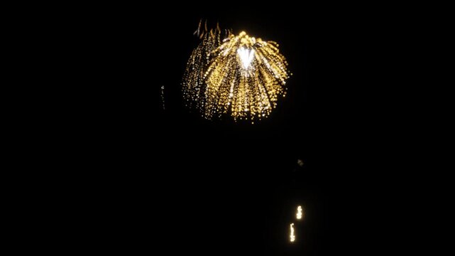 A dynamic display of colorful fireworks exploding into starburst patterns and symmetrical light effects in a darkened sky. 3D Render