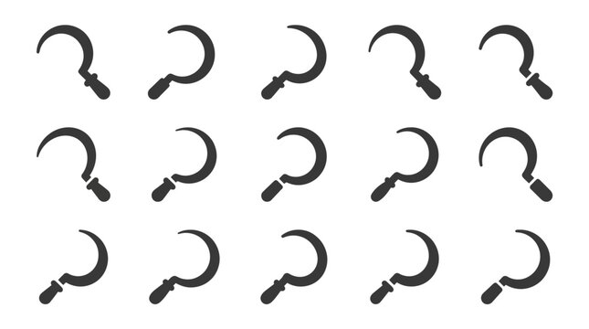 Hand sickle and agricultural scythe blade icon collection.