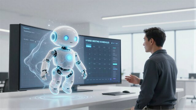 Man works with holographic robot assistant in futuristic office setting.