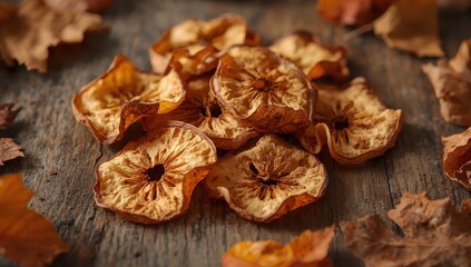 Fototapeta premium Close-up of homemade dried apple chips on wood, rustic autumn theme.