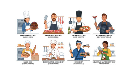 Fototapeta premium Professional diverse kitchen chefs and culinary masters collection with specialty cooking experts cartoon flat design vector illustration