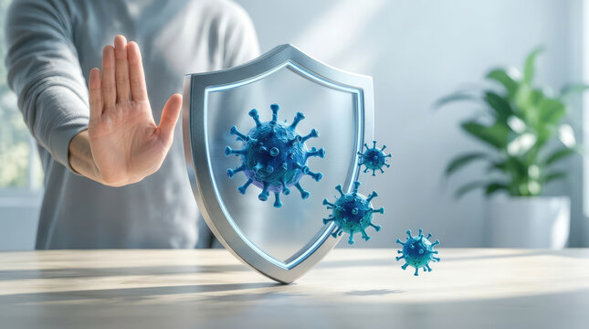A person's hand is held up in a stop gesture, protecting against a virus. A shield with the virus displayed on it is in the foreground