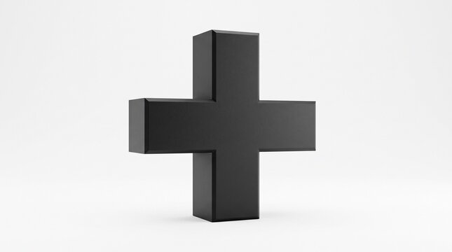 Black 3d plus sign isolated on clean white background for design with black three dimensional white surface geometry abstract addition positive