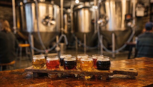 Medium shot capturing a festive taproom atmosphere with sharp focus on beer flights blurred stainless fermenters and tanks creating a dynamic setting.