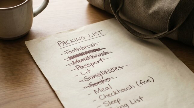 A handwritten travel packing list with crossed items lies next to a bag and coffee. It captures the anticipation and preparation for a soulful journey. Perfect for travel blogs or planning ads.