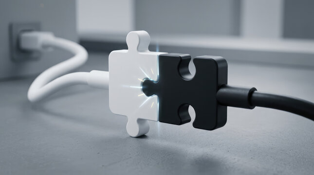 Interlocking puzzle pieces, one white and one black, connected to power cords, symbolizing connection, integration, and problem-solving