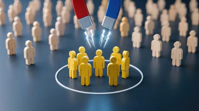 A horseshoe magnet attracting a group of people in a circle, representing customer acquisition. The other people are standing outside the circle, unaffected