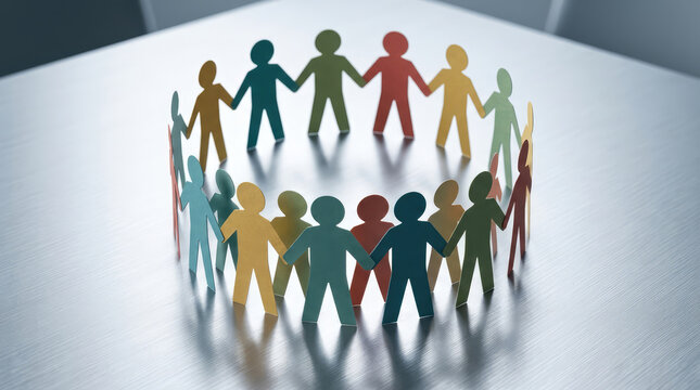 Colorful paper cutouts of people holding hands in a circle, symbolizing unity and community