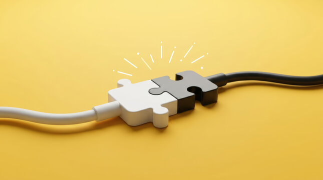 Two puzzle pieces connecting two cables on a yellow background, symbolizing connection and technology